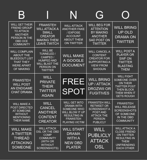 FRAWSTEH 2025 DRAMA Bingo Card