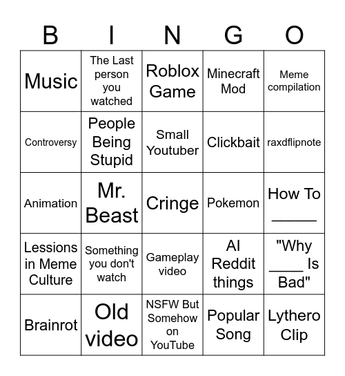 YouTube Home Page Bingo Card