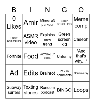 Youtube Shorts Bingo Card