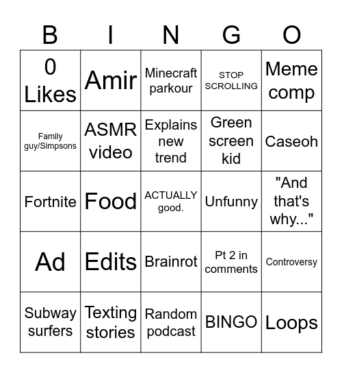 Youtube Shorts Bingo Card