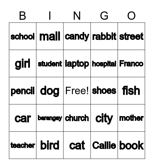 NOUN Bingo Card