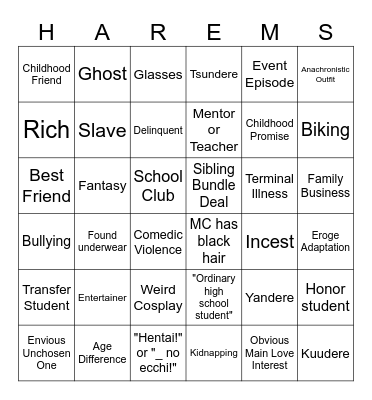 Harem/Reverse Harem Bingo Card