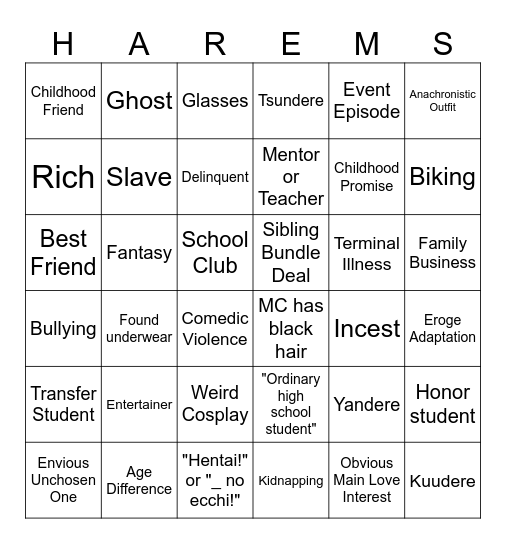 Harem/Reverse Harem Bingo Card