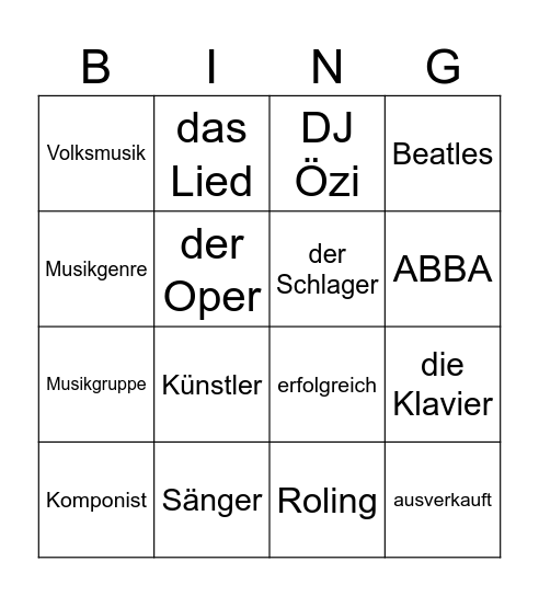 Musik Bingo Card