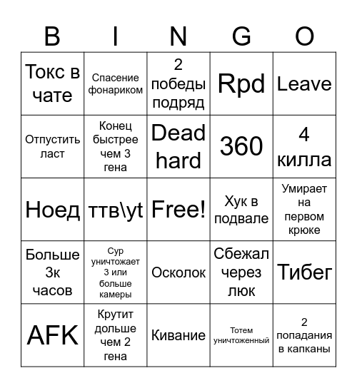 Дбд Bingo Card