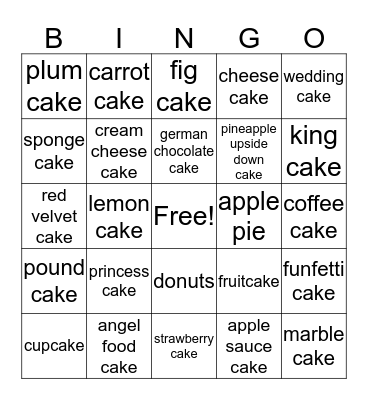 types of cake  Bingo Card