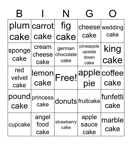 types of cake  Bingo Card