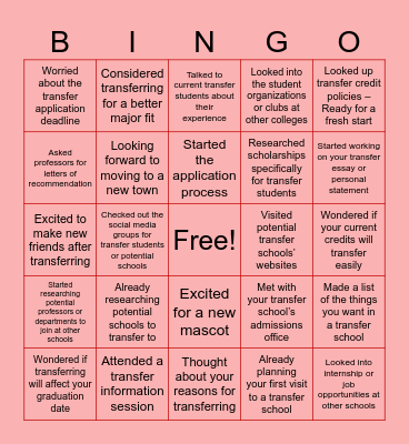 Transfer Student Bingo Card