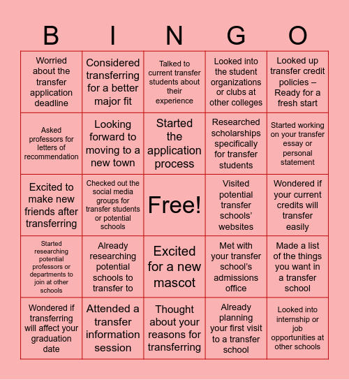 Transfer Student Bingo Card
