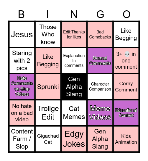 Youtube Shorts Bingo Card