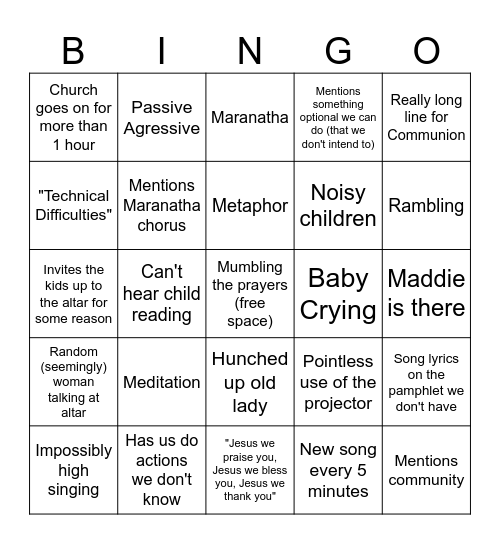 Church bingo Card