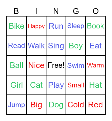 Nouns, verbs and adjectives! Bingo Card