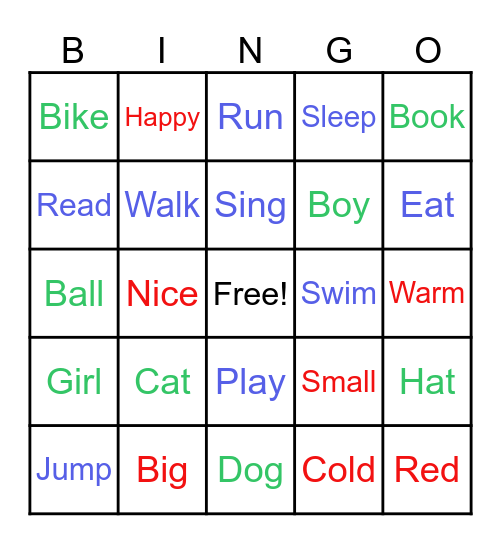 Nouns, verbs and adjectives! Bingo Card
