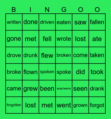 Irregular verbs bingo Card