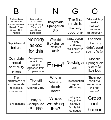 Modern SpongeBob Discourse Bingo Card
