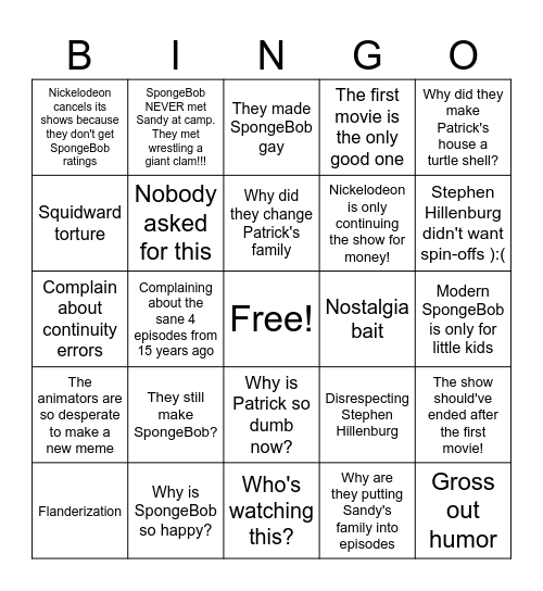 Modern SpongeBob Discourse Bingo Card