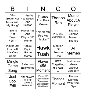 Bingo Of Squid Games Memes Bingo Card