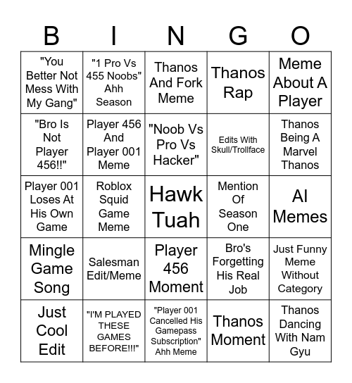 Bingo Of Squid Games Memes Bingo Card