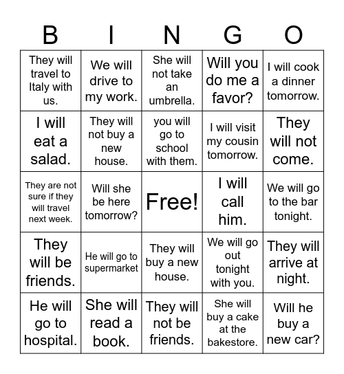 Future Simple Bingo Card