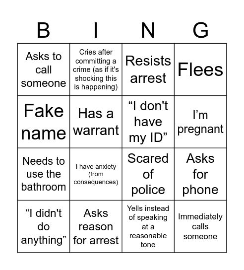 Police Body Cam Bingo Card
