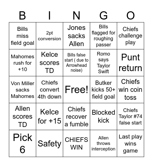 Chiefs vs Bills Bingo Card