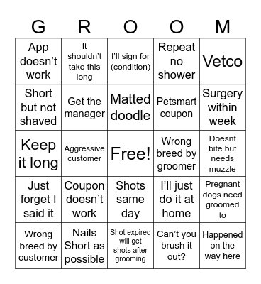 Groomer bingo Card