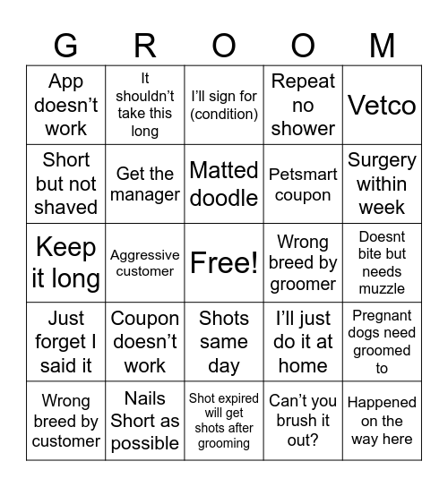 Groomer bingo Card