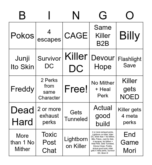 DBD Chaos Shuffle Bingo Card