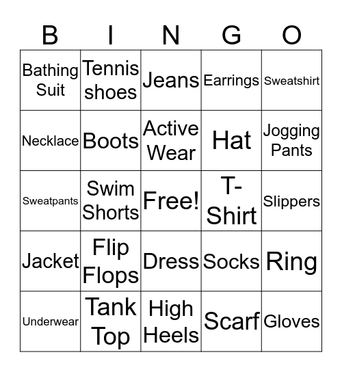 Clothing Bingo Card