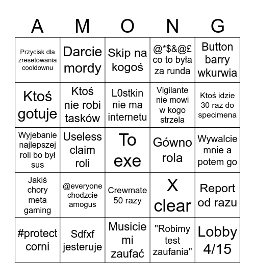 Amongus Bingo Card