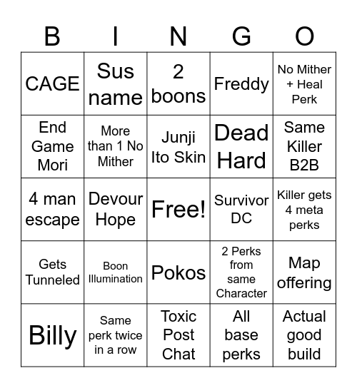 DBD Chaos Shuffle Bingo Card