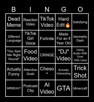 YouTube Shorts Bingo Card