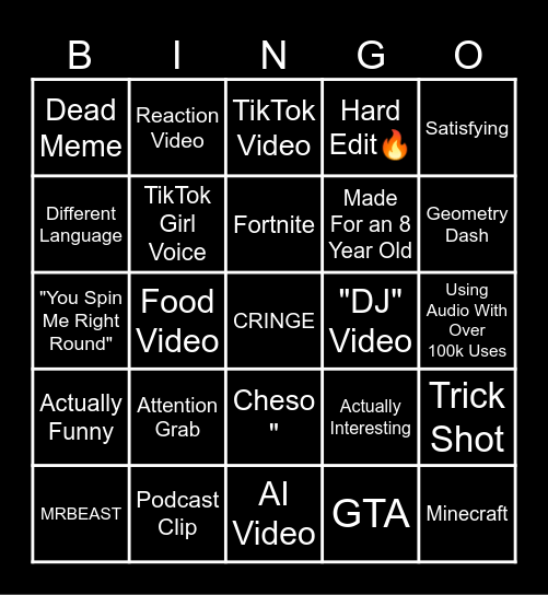YouTube Shorts Bingo Card