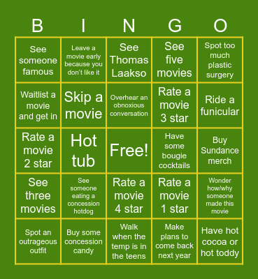 Sundance Bingo Card