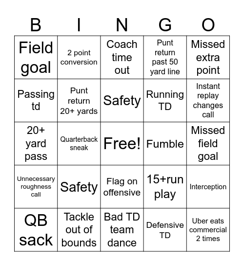 Playoff football Bingo Card