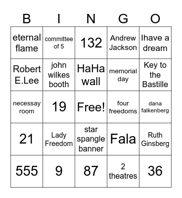 washington DC Bingo Card