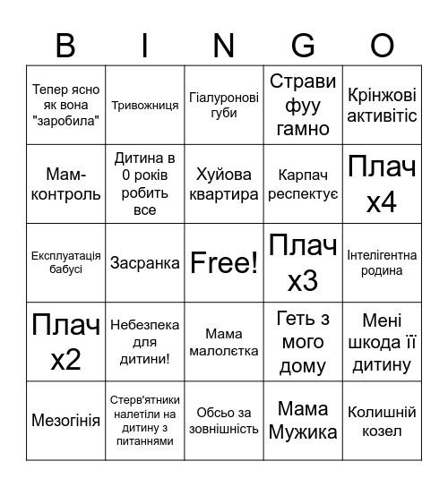 Mamky Bingo Card