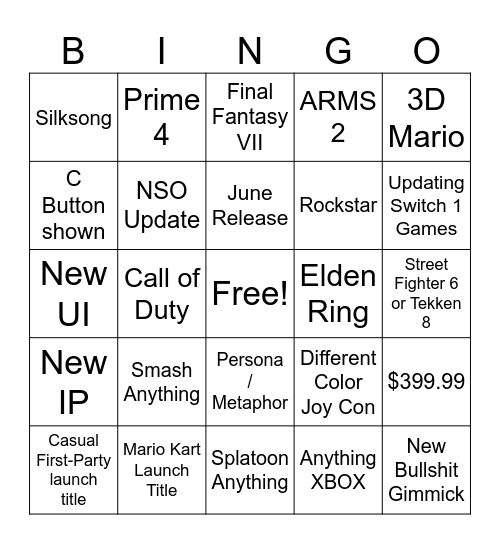 Switch 2 Direct 4.2.2025 Bingo Card