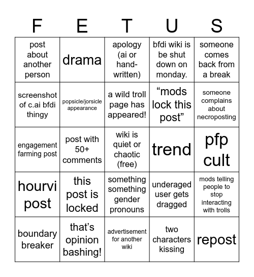 bfdi wiki bingo thing Bingo Card