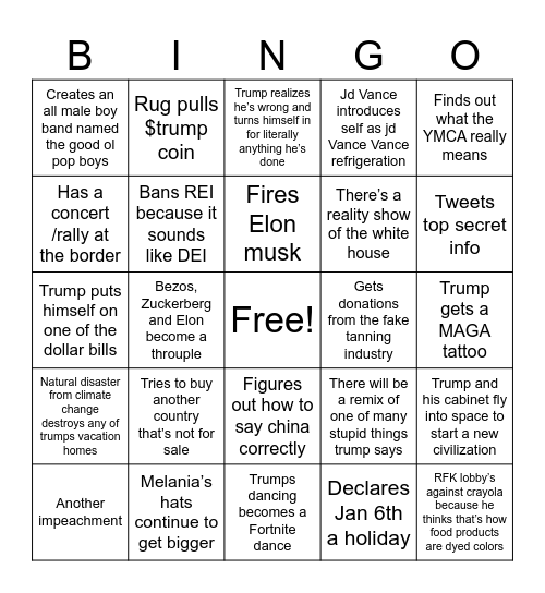 Trump administration 2025-2028 Bingo Card