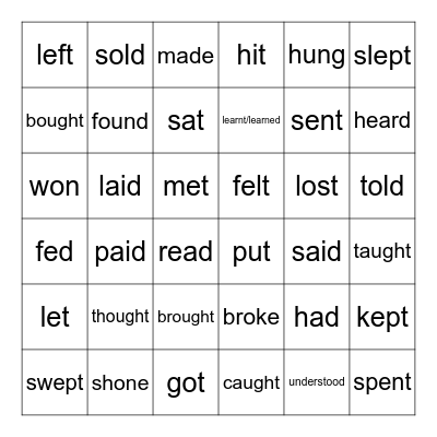 Irregular Verbs Bingo Card