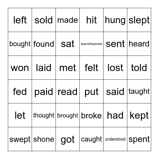 Irregular Verbs Bingo Card