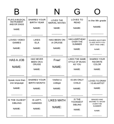 HIGH SCHOOL | Find Someone Who... Bingo Card