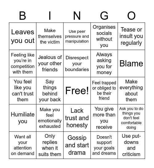 FRIENDSHIP RED FLAGS Bingo Card
