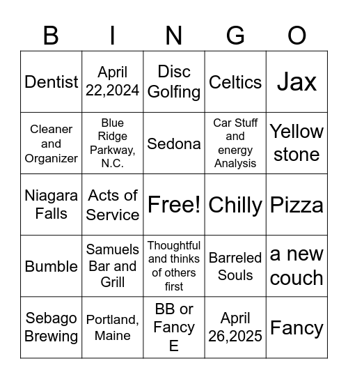 Courtney's Bridal Shower BINGO Card