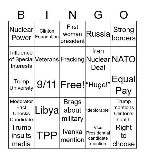 Presidential Debate Bingo Card