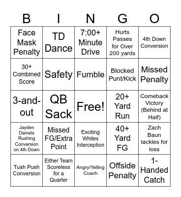 Eagles v Commanders Bingo Card