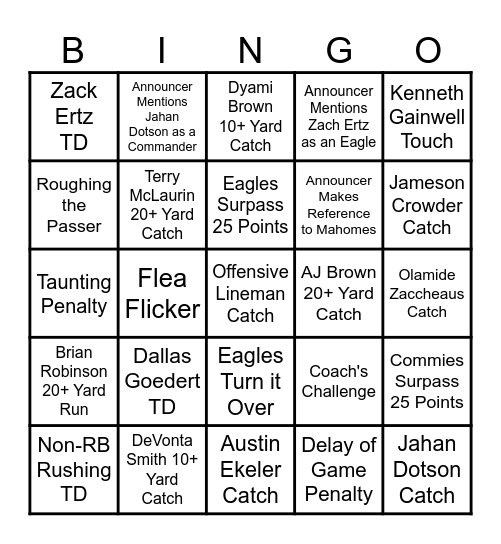 Commanders @ Eagles BINGO! Bingo Card