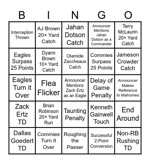 Commanders @ Eagles BINGO! Bingo Card