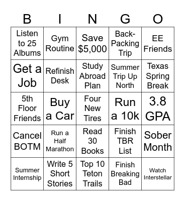 2025 Goals Bingo Card